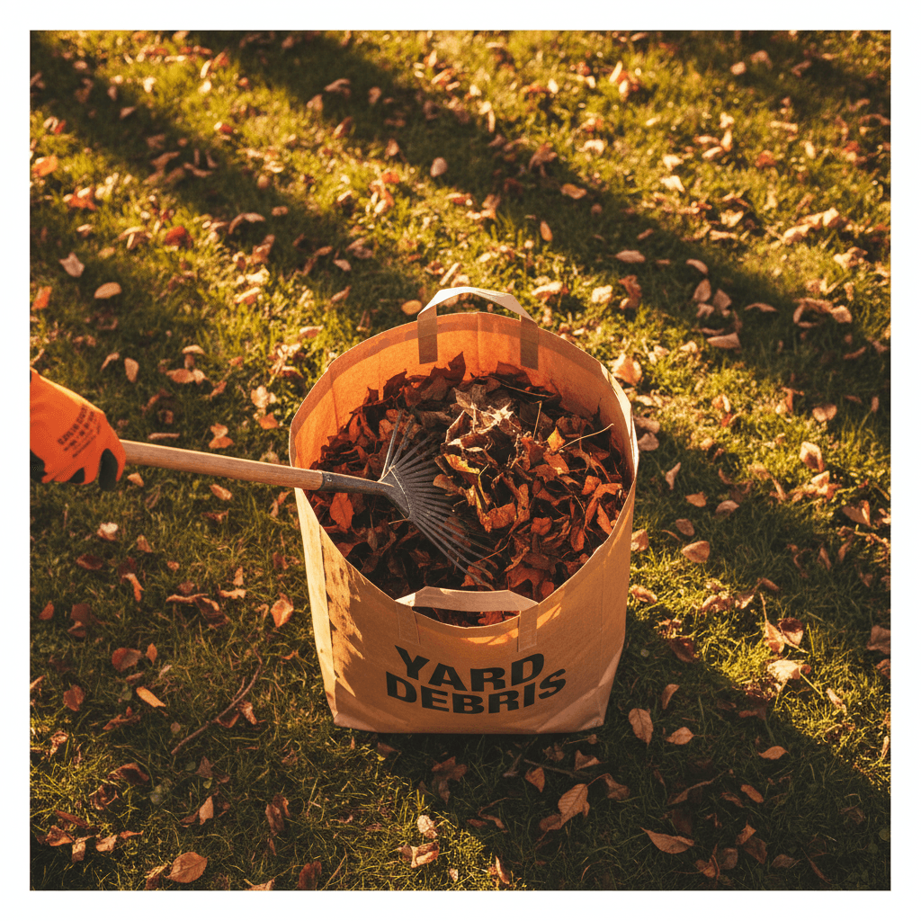 Yard waste being gathered into a bag
