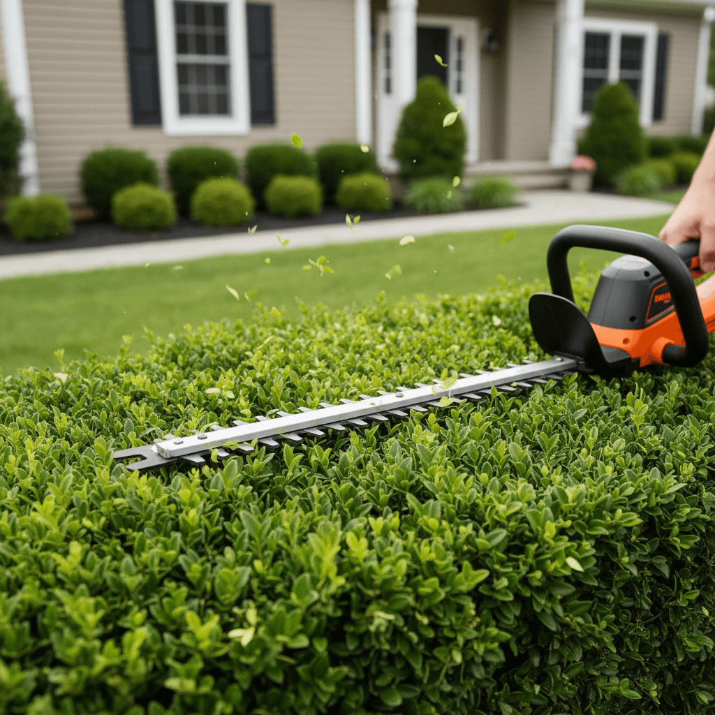 Trimming a hedge with a power trimmer in a front yard