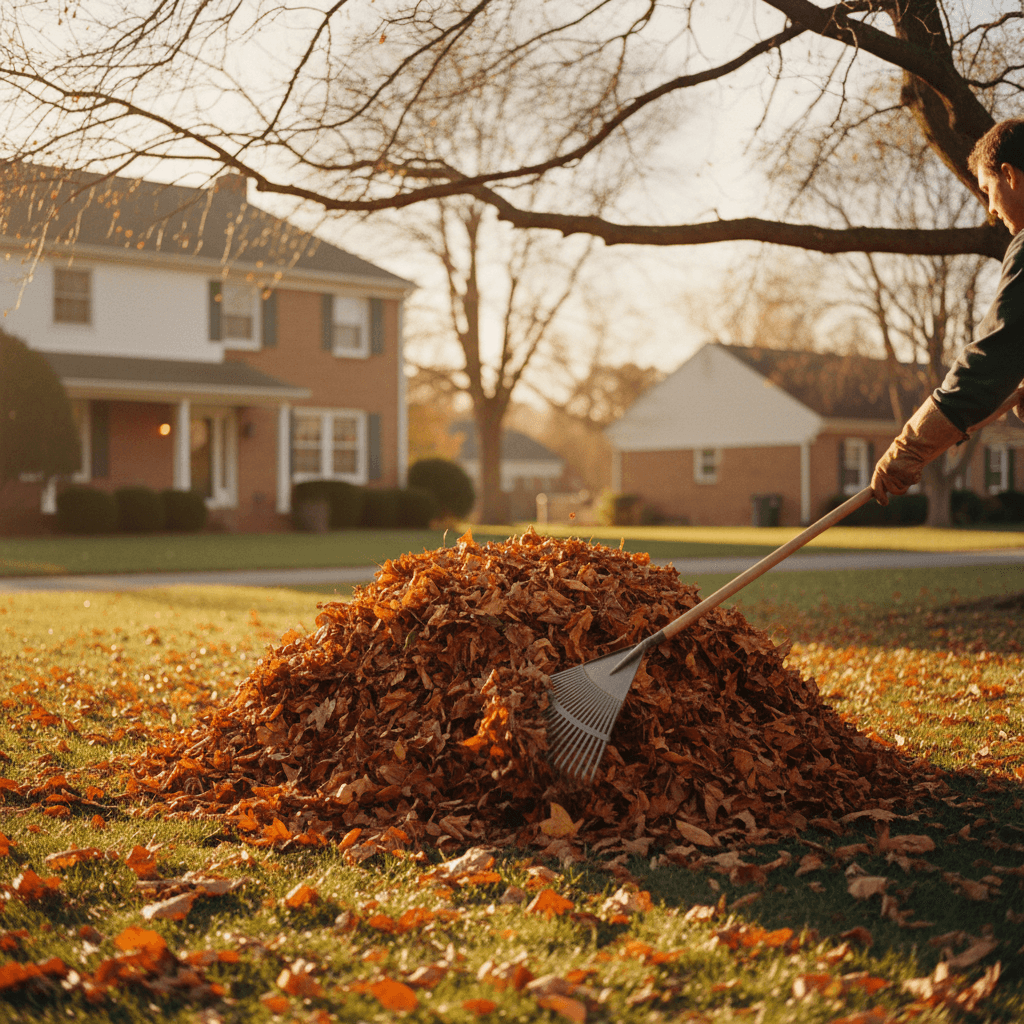 Raking fallen leaves into a pile in a backyard