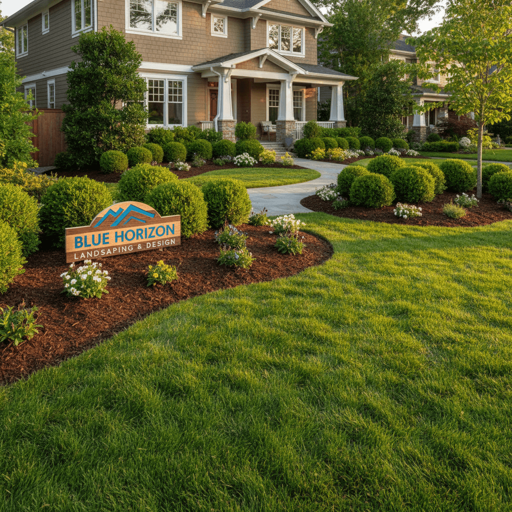 Complete residential yard maintained by Blue Horizon