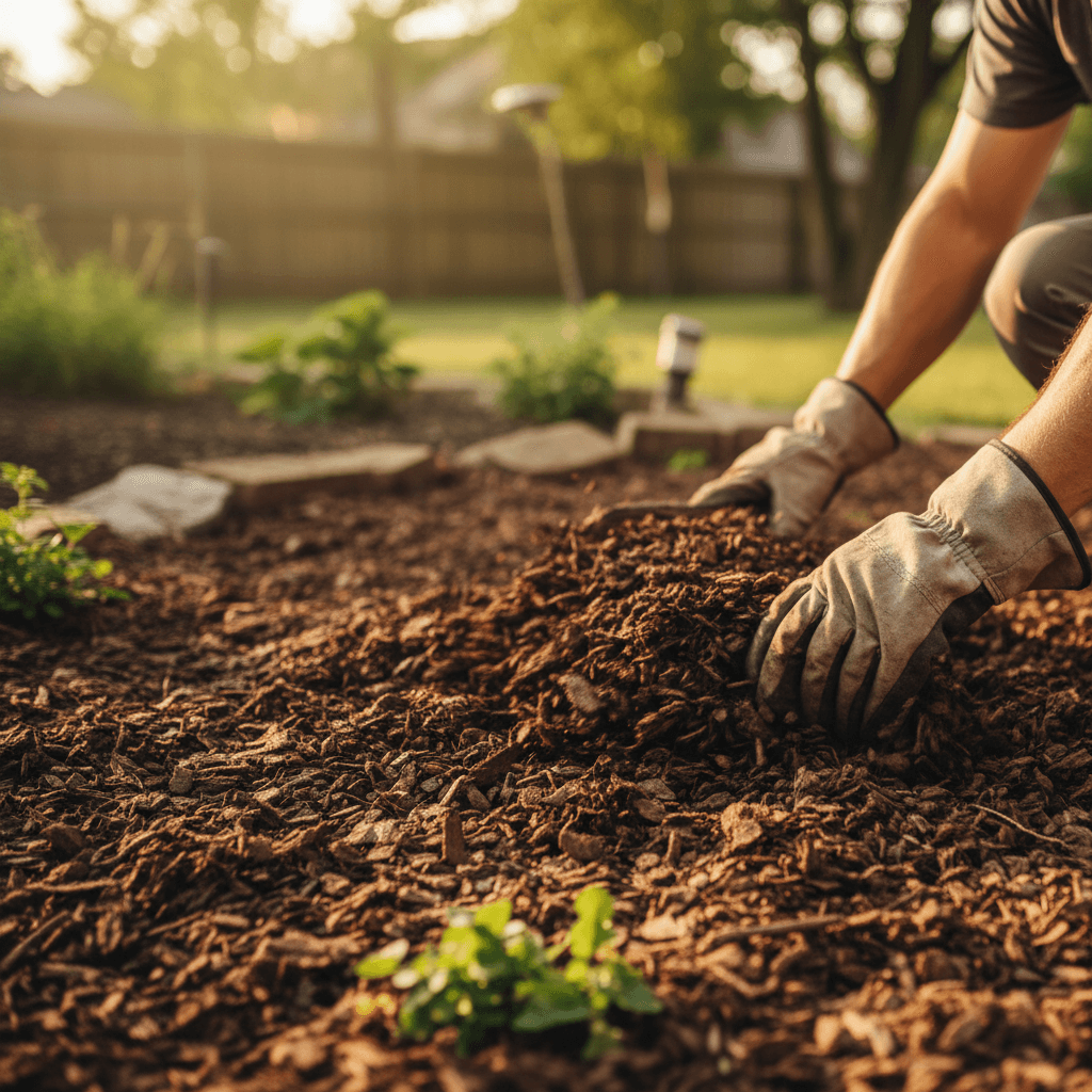 Fresh mulch installation in garden beds for landscaping project