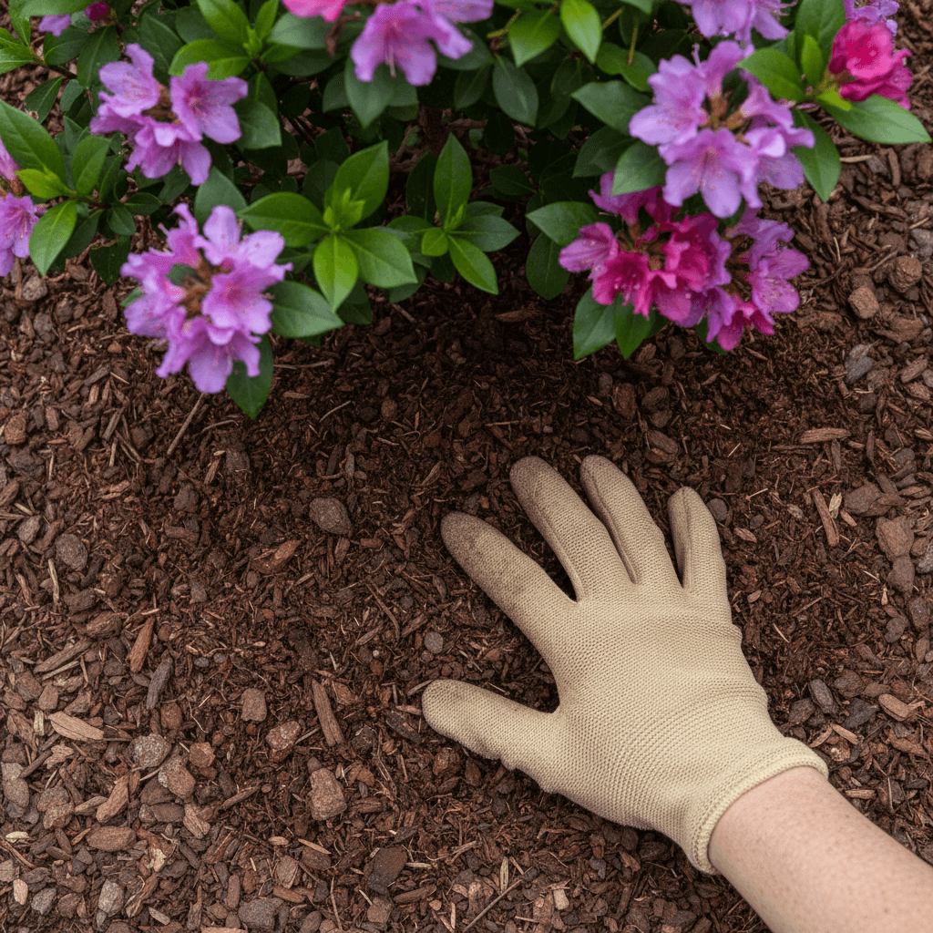 Fresh dark mulch being spread around a shrub in a garden bed