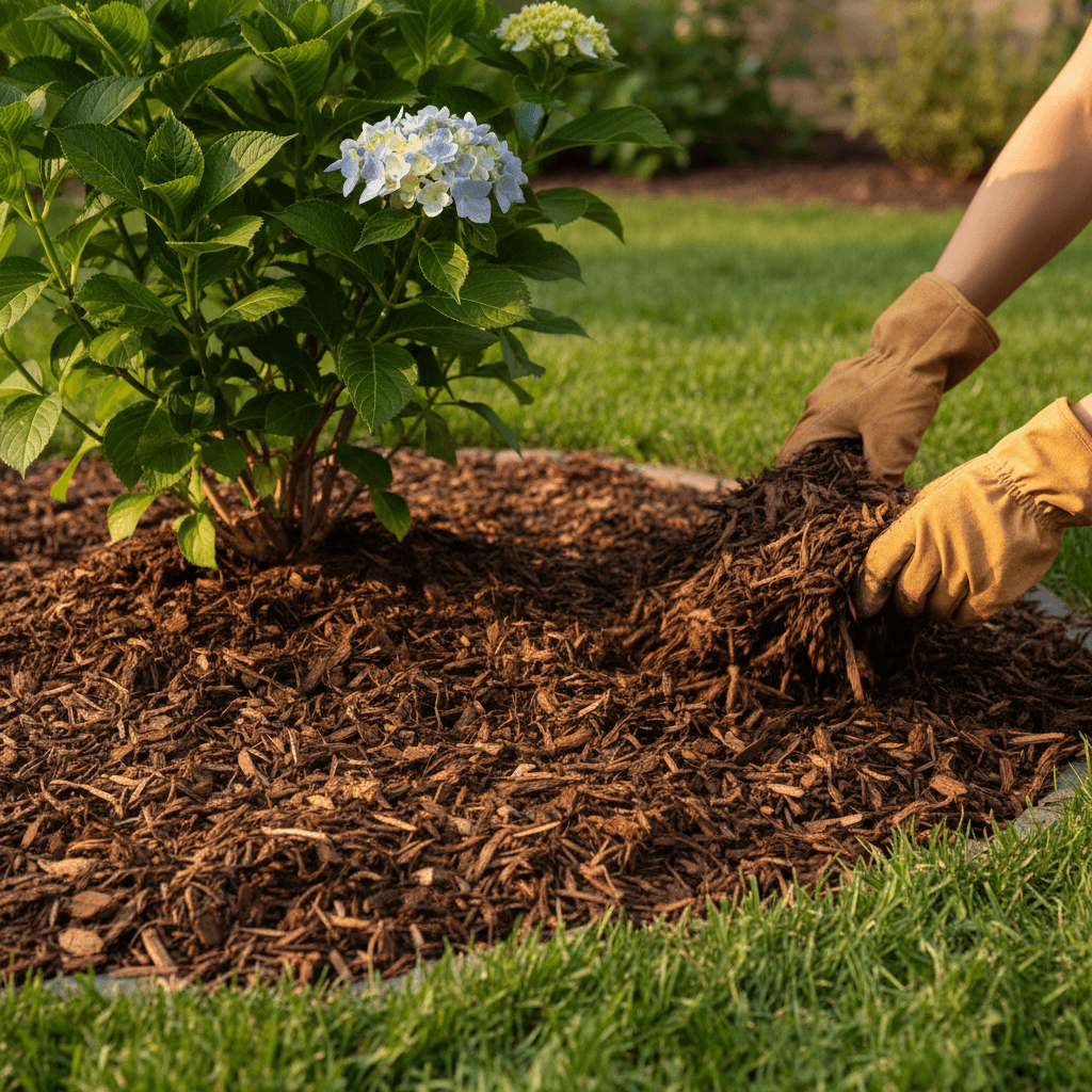 Gloved hand spreading mulch around a shrub
