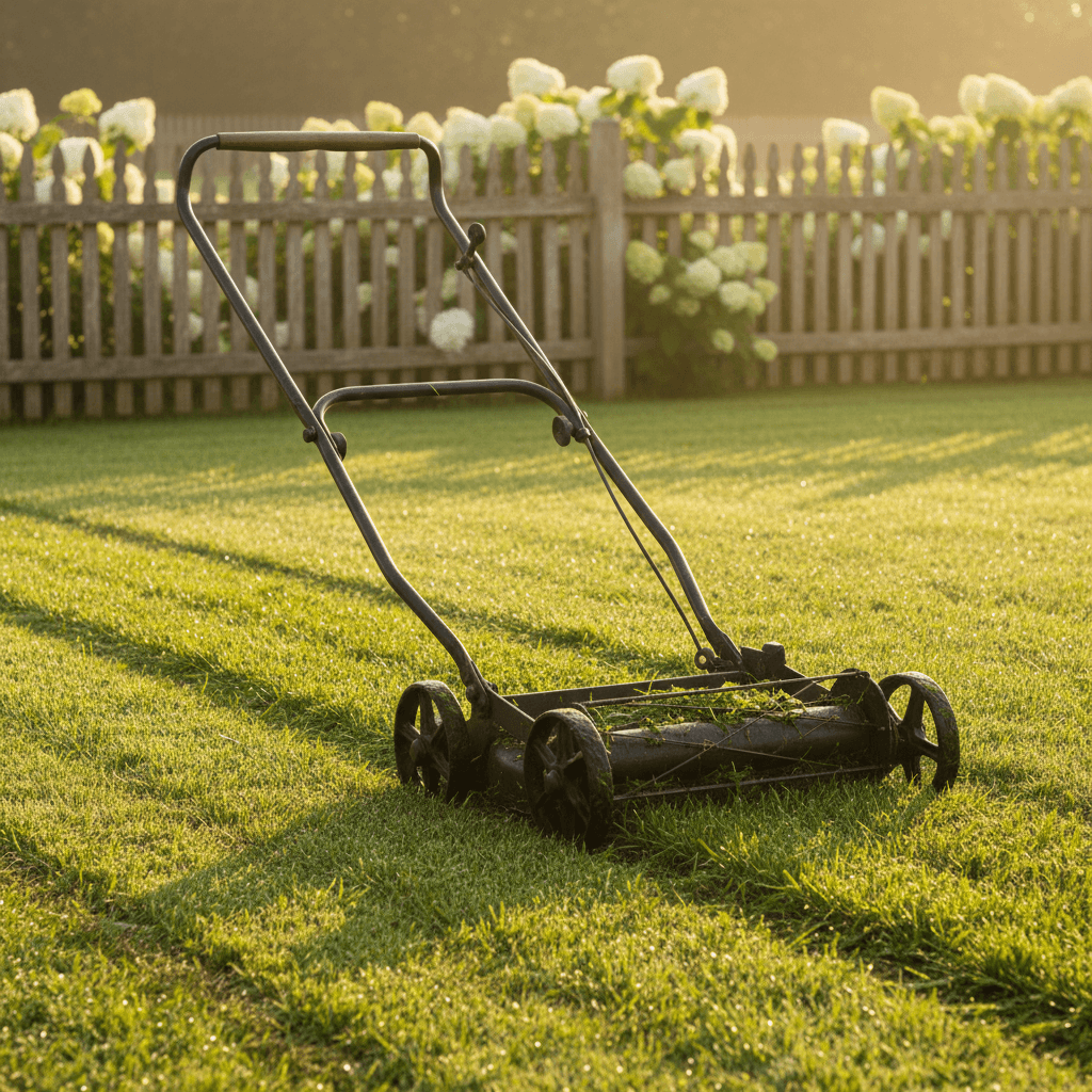 Lawn mower cutting green grass with clean edges