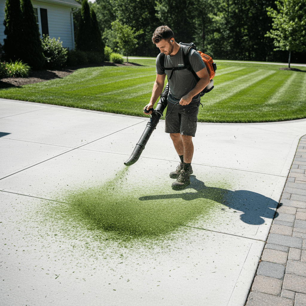 Backpack blower clearing grass clippings from driveway