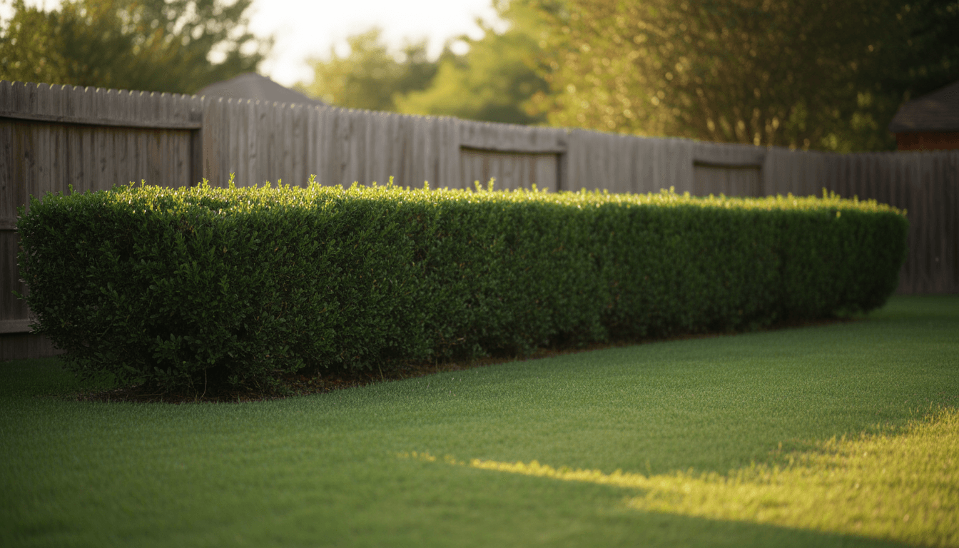 Neatly trimmed green hedges in a backyard during golden hour