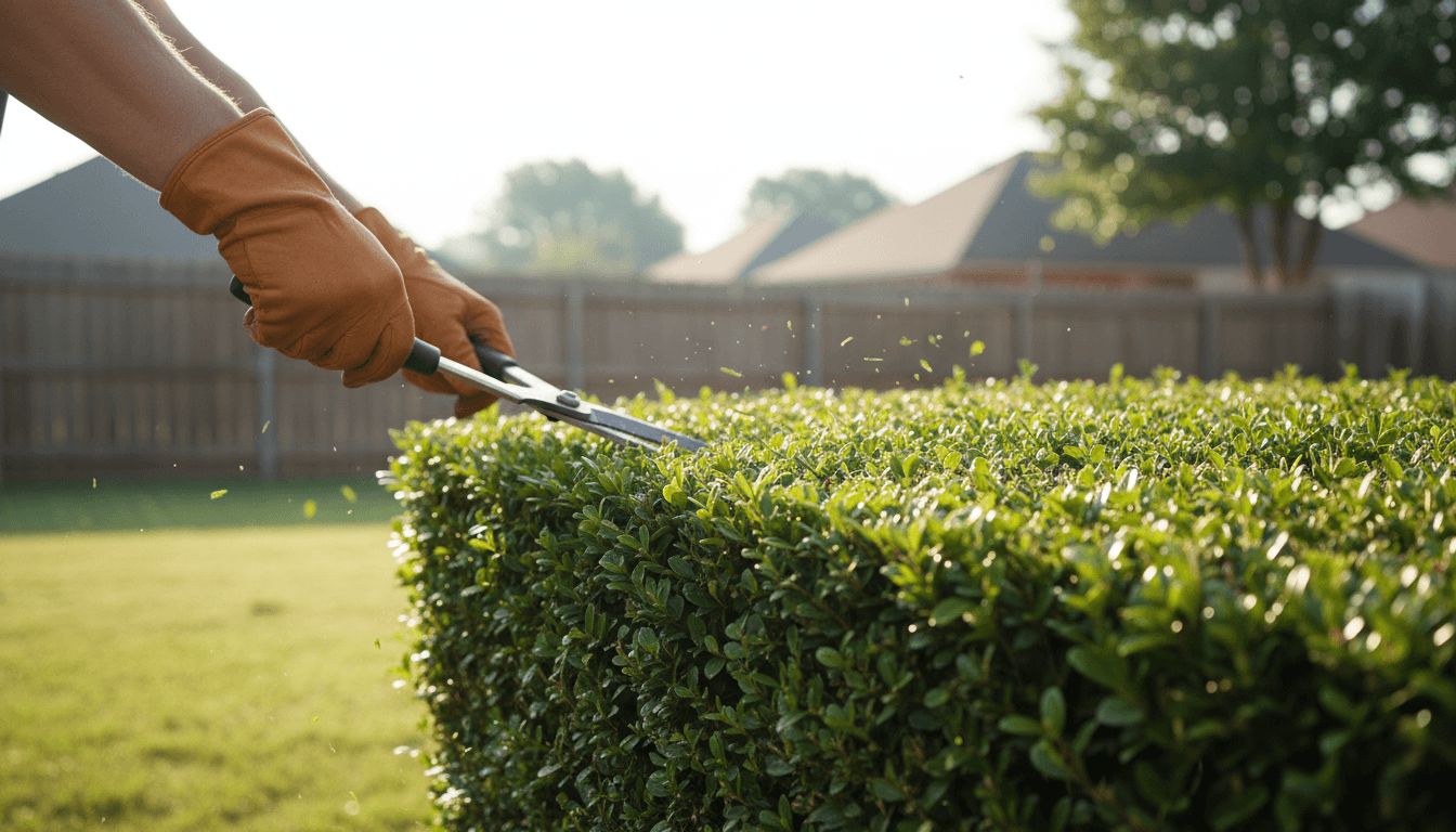 Gloved hands trimming a green hedge with sharp shears in a sunny yard