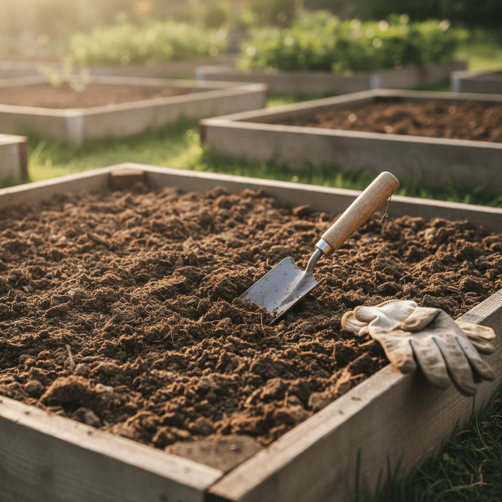 Prepared garden bed with tools resting on the soil
