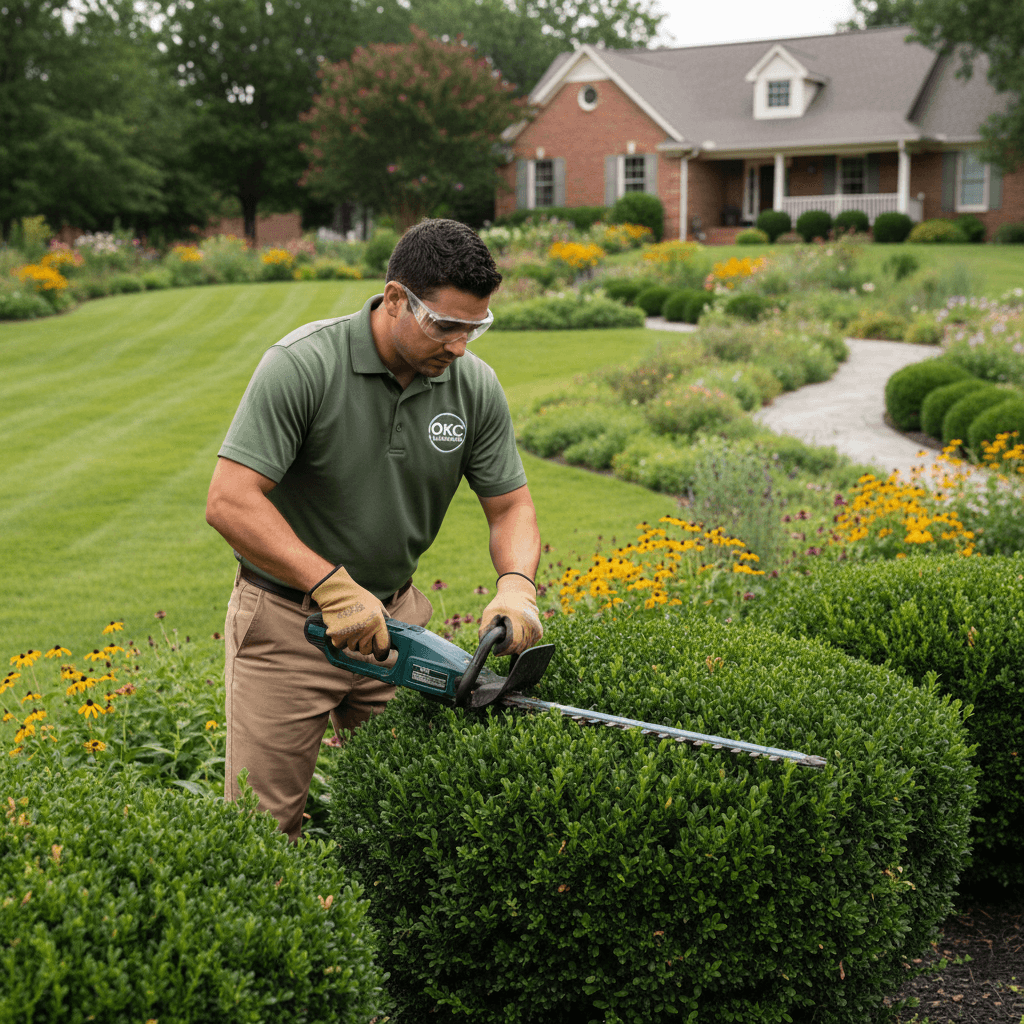 Professional landscaper trimming shrub edges
