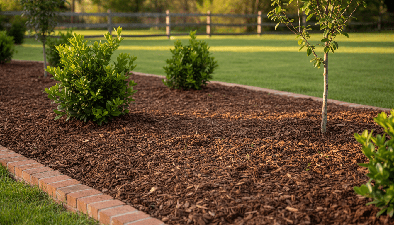 Freshly installed hardwood mulch in a garden bed with shrubs and trees in Oklahoma City