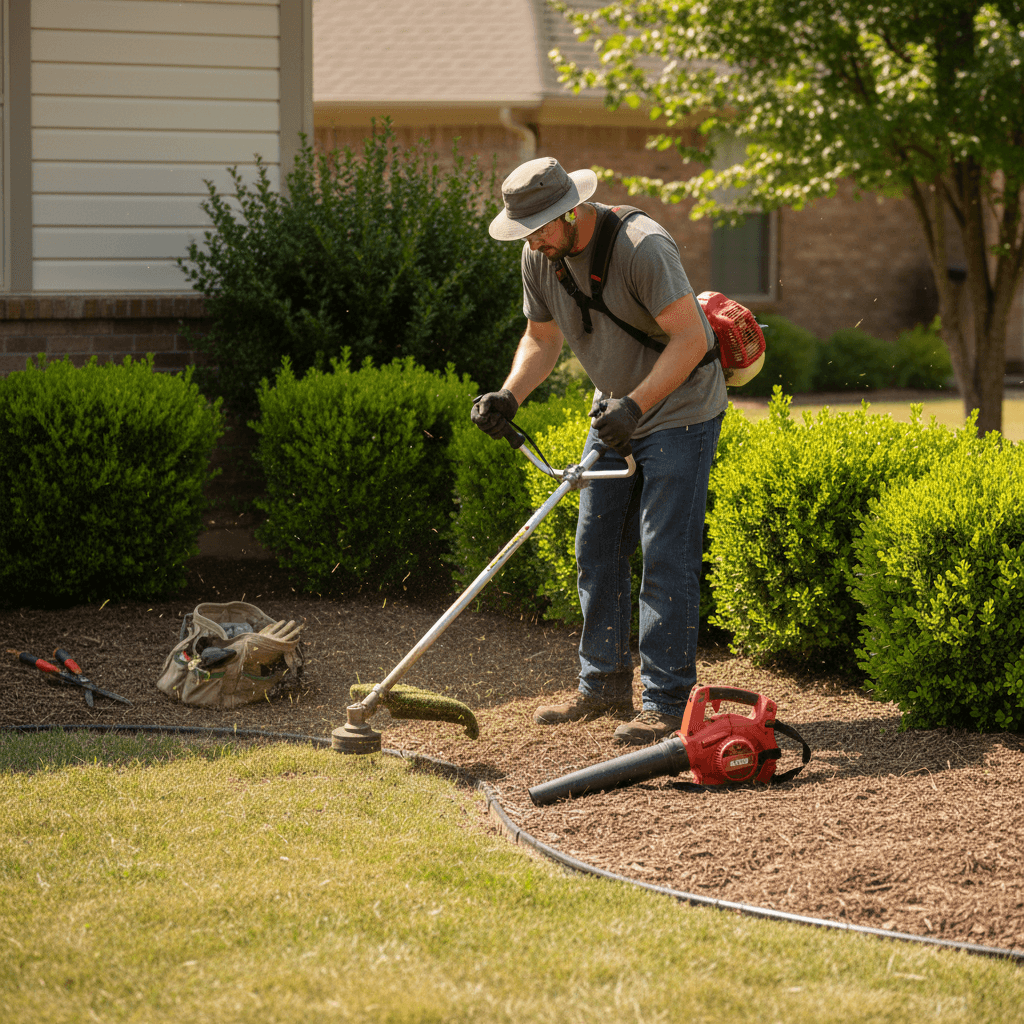 Landscaper trimming shrubs and preparing yard with professional equipment