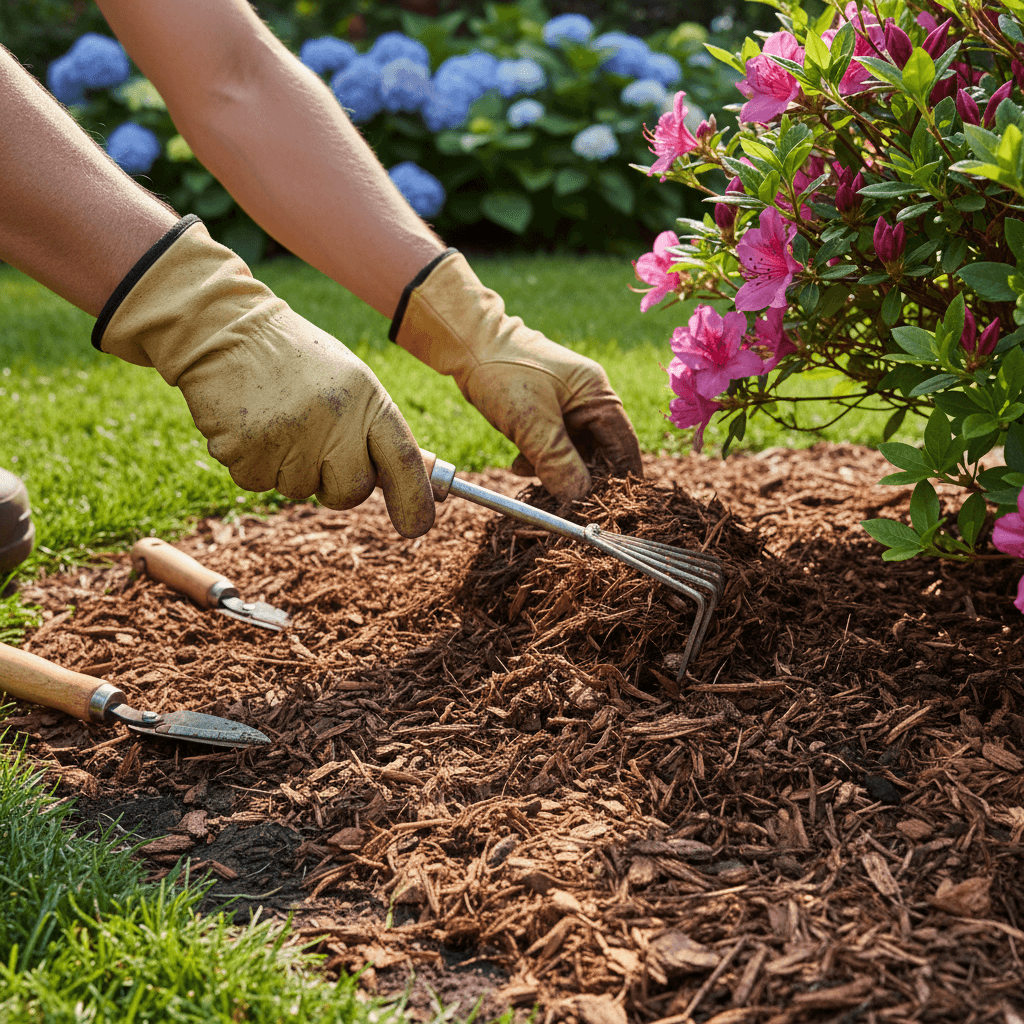 Landscaper placing mulch around plants in a garden bed