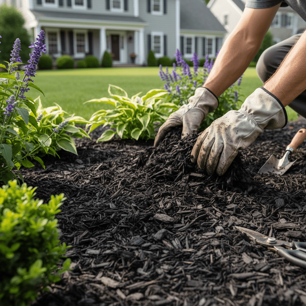 Mulch installation around garden plants