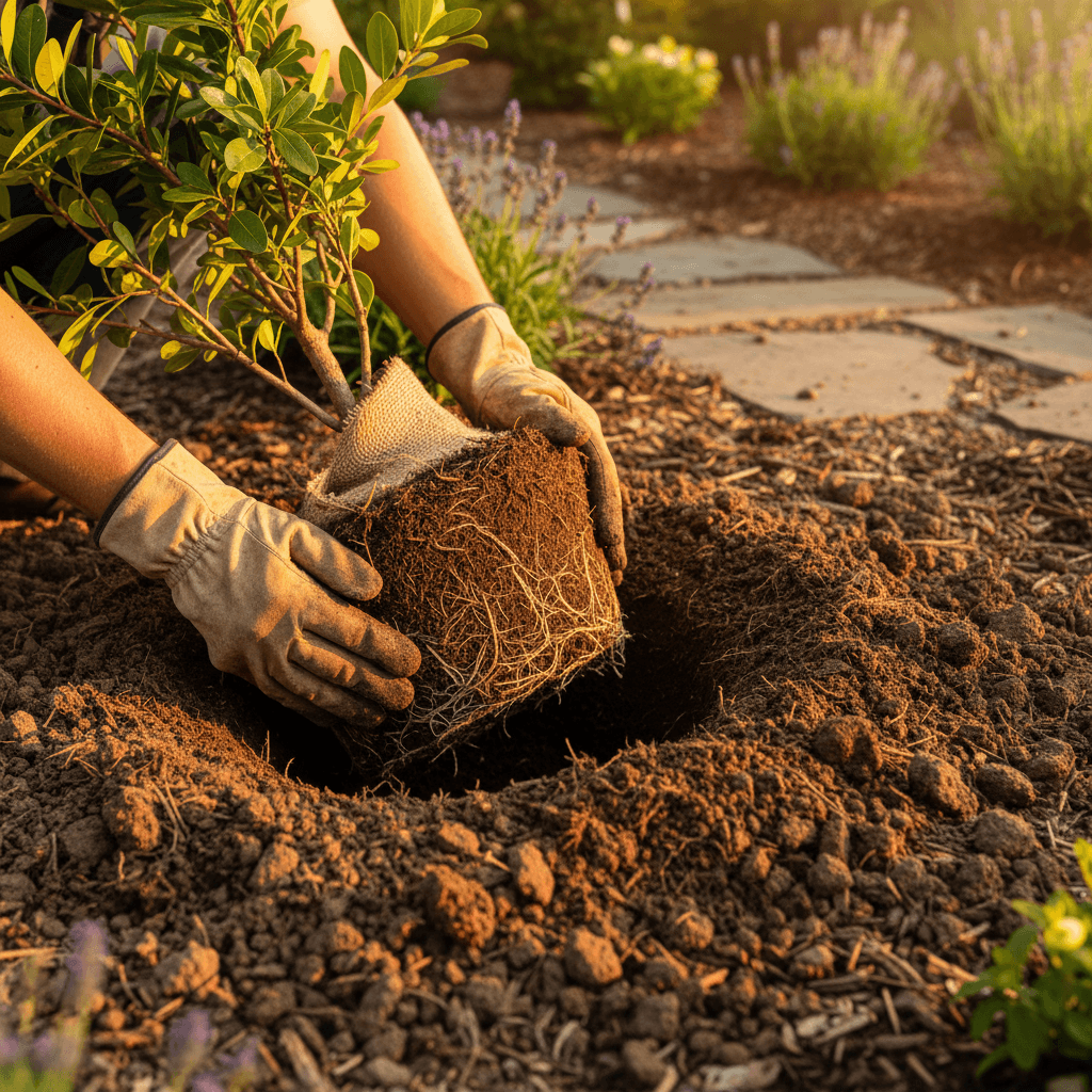 Hands carefully installing mulch around landscape bed
